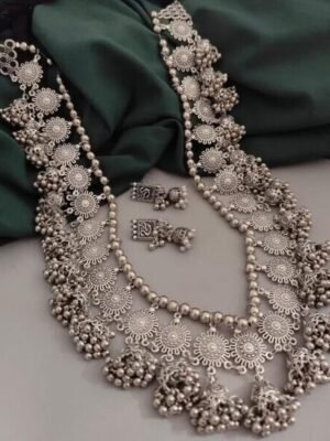 Handmade Silver Plated Indian Long Ghungroo Jhumka Necklace