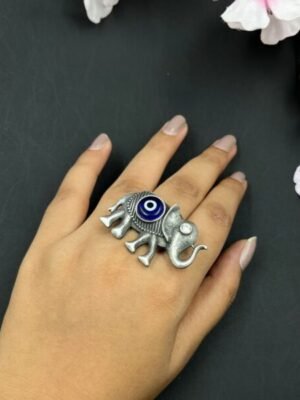 Evil Eye Elephant Silver Oxidized Finger Ring