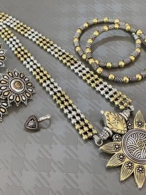 Indian jewellery dual tone set, oxidised jewelry set of 5, Bohol tribal jewelry, gifts for her, long necklace set, handmade, Kolhapuri jewel