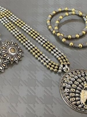 Indian jewellery dual tone set, oxidised jewelry set of 5, Bohol tribal jewelry, gifts for her, long necklace set, handmade, Kolhapuri jewel