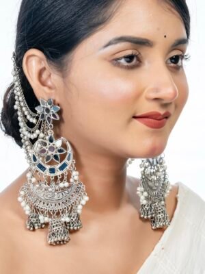 Mirror Jhumki Earrings with Side Chain