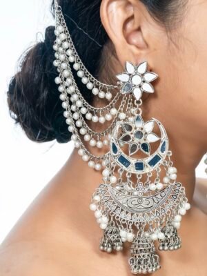 Mirror Jhumki Earrings with Side Chain