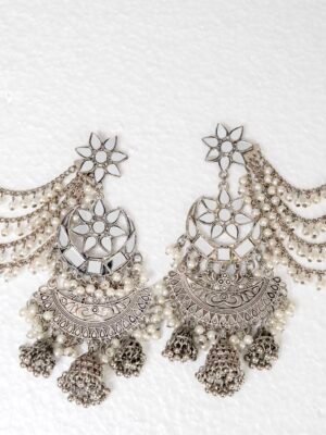 Mirror Jhumki Earrings with Side Chain