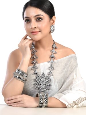 Majestic Oxidized Long Mirror Necklace Set with Kada