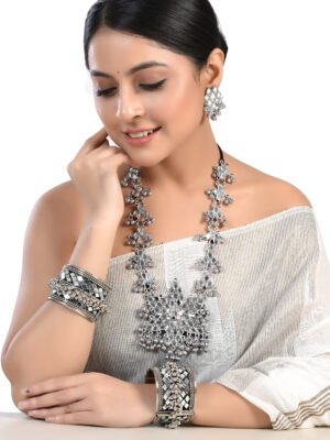 Majestic Oxidized Long Mirror Necklace Set with Kada