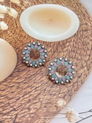 Oxidized Stone Round Studs Earrings