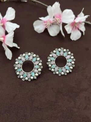 Oxidized Stone Round Studs Earrings