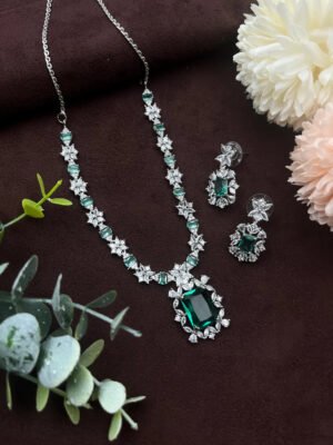 Mint Green AD Rhodium Polish Necklace Set