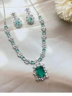 Mint Green AD Rhodium Polish Necklace Set