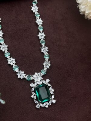 Mint Green AD Rhodium Polish Necklace Set