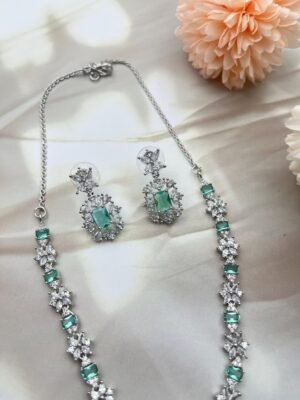 Mint Green AD Rhodium Polish Necklace Set