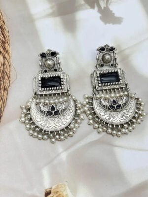 Oxidized Long Chandbali Stone Earrings