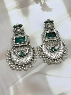 Oxidized Long Chandbali Stone Earrings