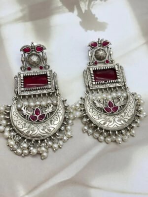 Oxidized Long Chandbali Stone Earrings