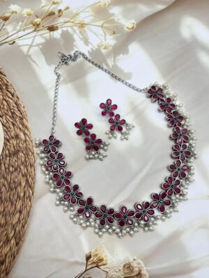 Silver Replica Red Stone Necklace Set