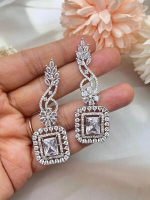 Silver CZ Diamond Crystal Indian Earrings