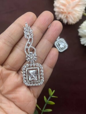 Silver CZ Diamond Crystal Indian Earrings